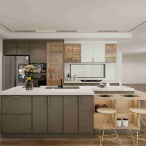 Modern Green Gray Laminate Kitchen Cabinets with Island
