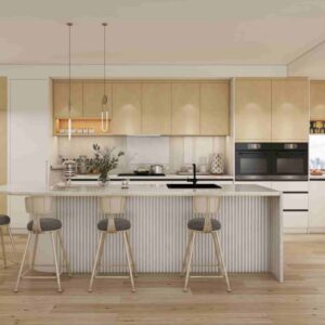 Modern Two Tone Light Wood Laminate Kitchen Cabinets