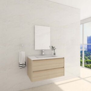 Chic Wood Veneer Bathroom Cabinets in Marble Setting