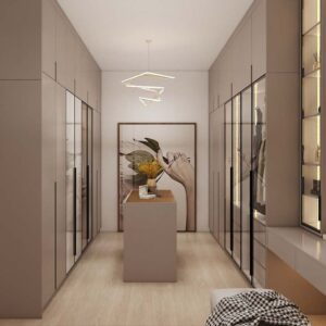 Elegant Golden U-Shaped Walk In Closet with Glass Doors