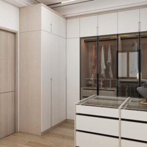 Elegant Modern White Walk In Closet with Glass Doors
