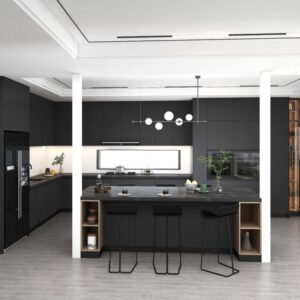 Sleek and Modern Dark Grey Kitchen Cabinets with Golden Accents