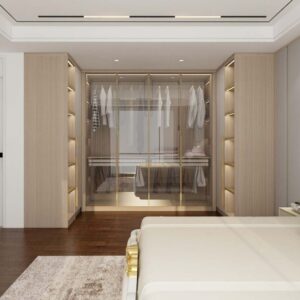 Wood U-Shaped Sliding Door Wardrobe with Glass Doors
